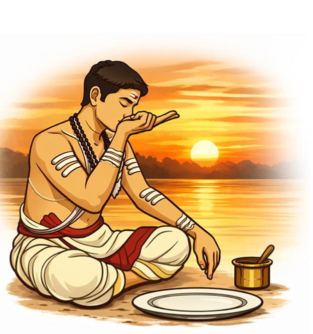 Man performing Sandhyavandanam at sunset by the river